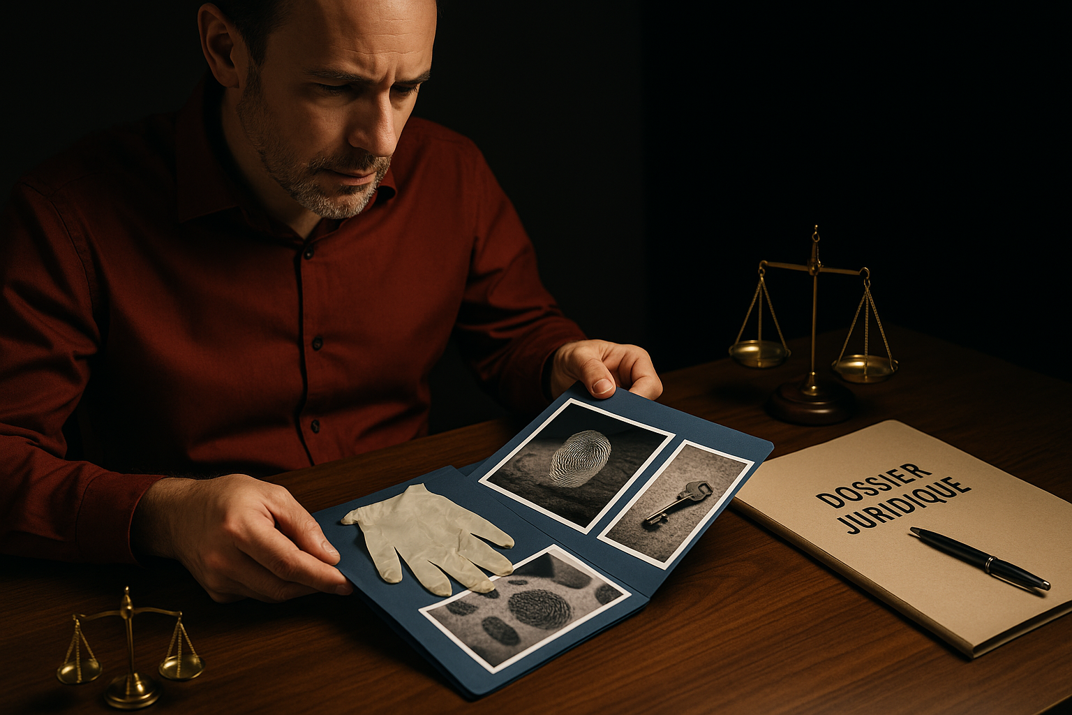Homme consultant un dossier juridique contenant des preuves comme une empreinte et un gant, symbole de l’actus reus en droit criminel.