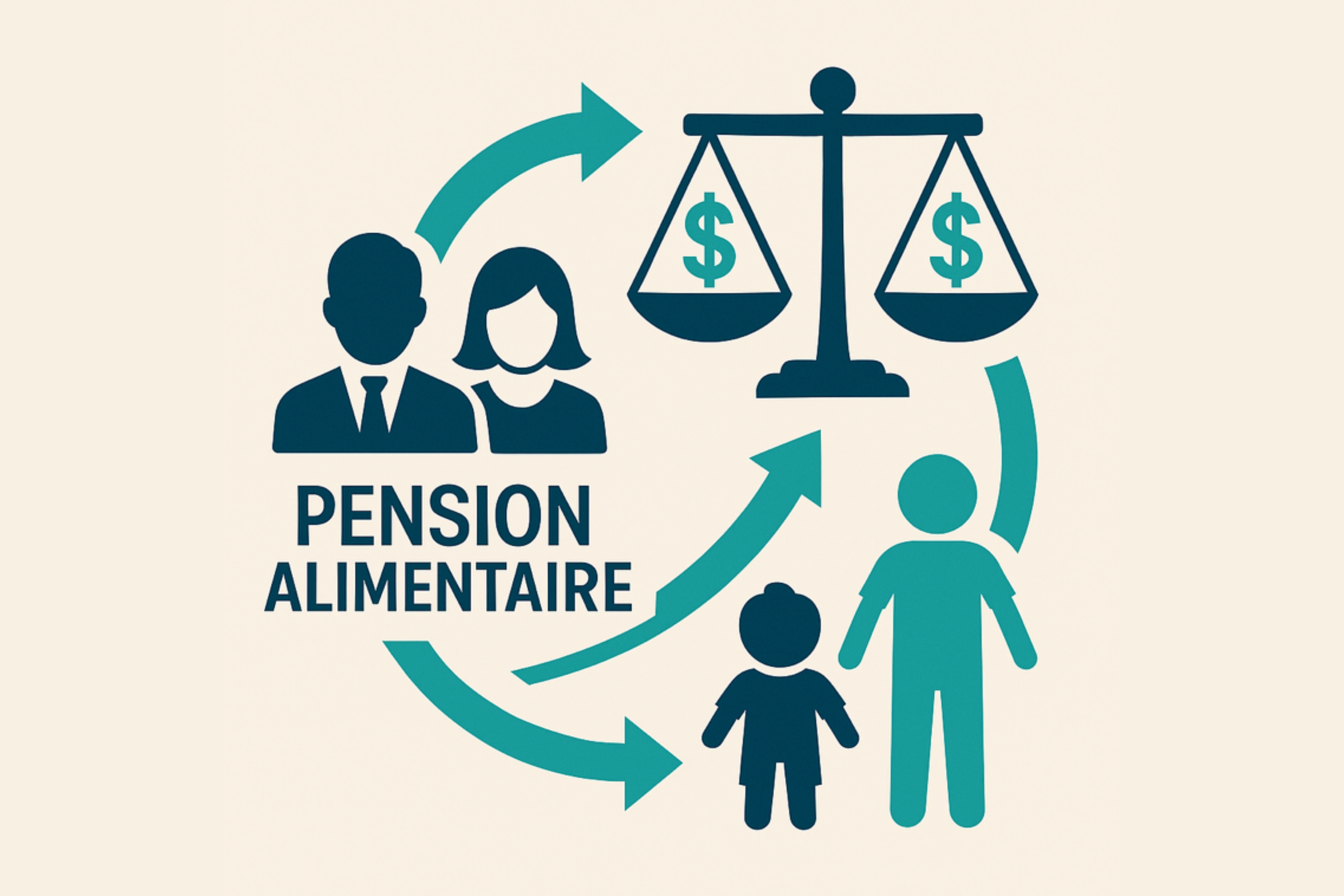 calcul de la pension alimentaire représenté en image, avec des flèches et des pictogrammes