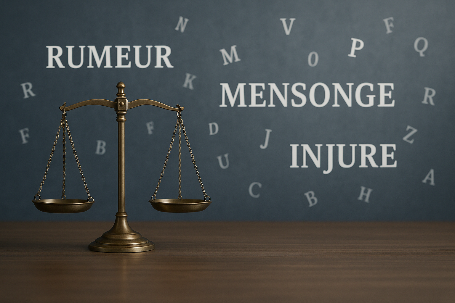 Balance de justice devant les mots rumeur, mensonge et injure, illustrant la diffamation au Québec.