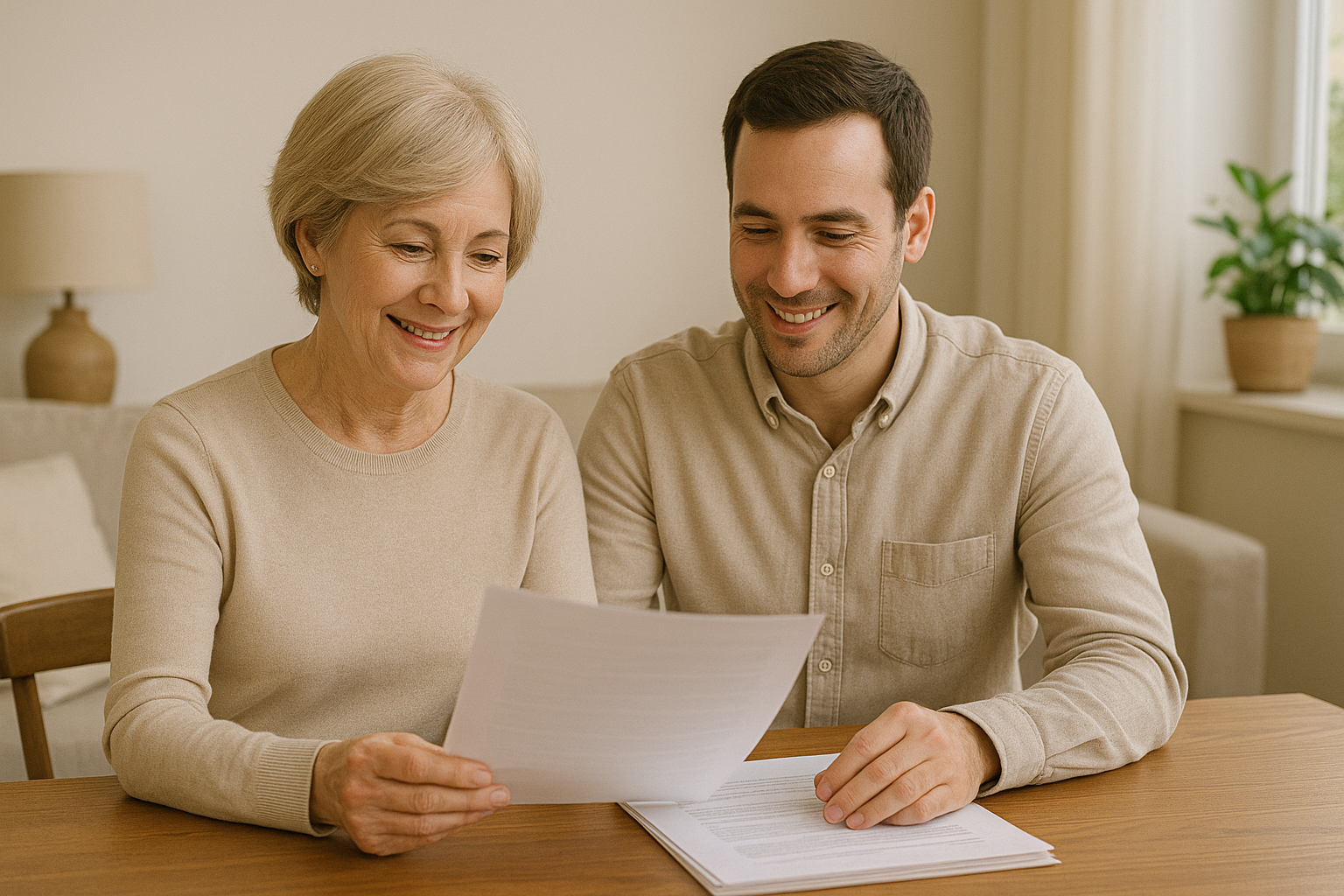 Une mère et son fils discutent d’une donation familiale autour de documents officiels.