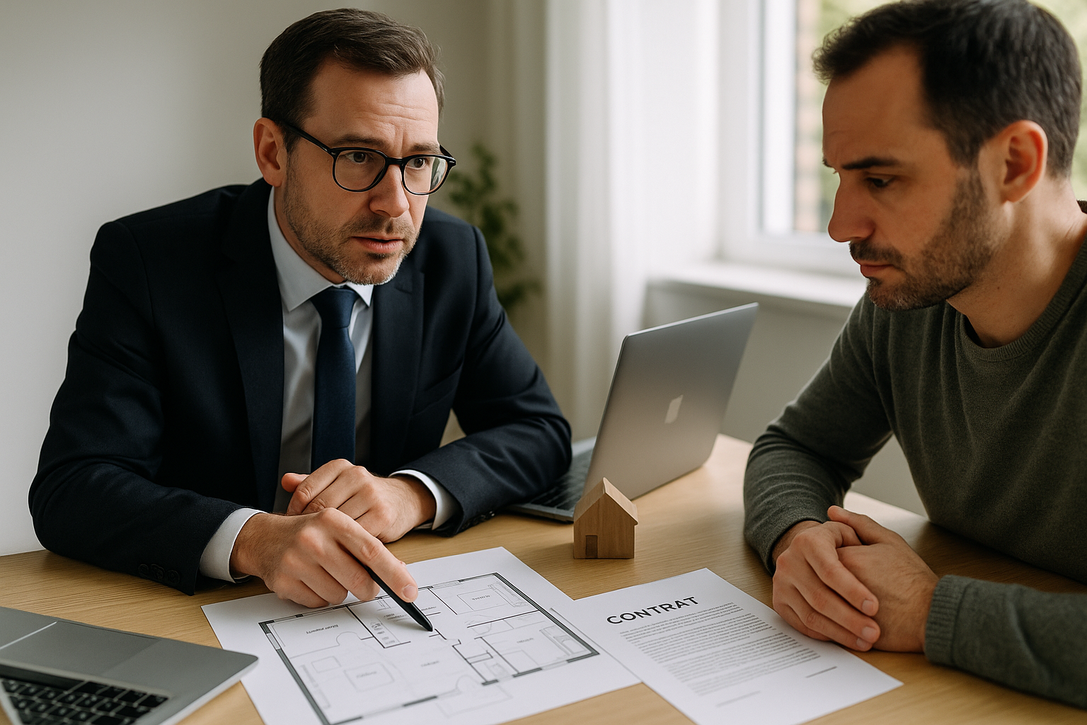 Un avocat et son client qui regardent un document de copropriété indivise dans le cadre du droit immobilier