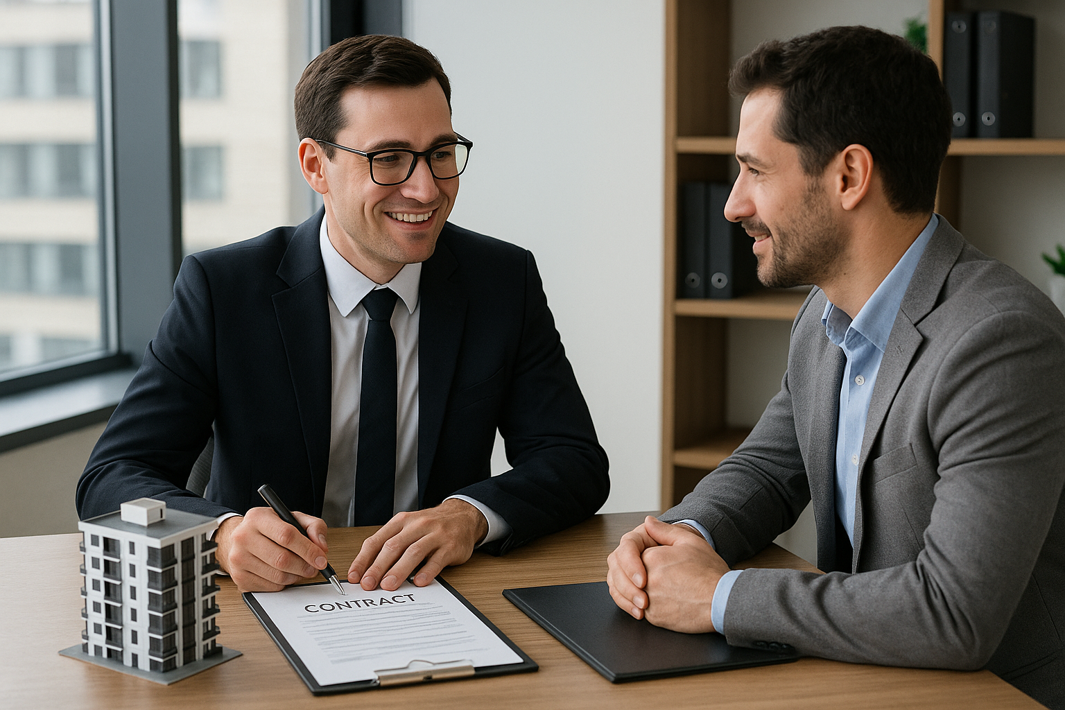 Un avocat et son client qui regardent un document de l'achat d'un condo dans le cadre du droit immobilier