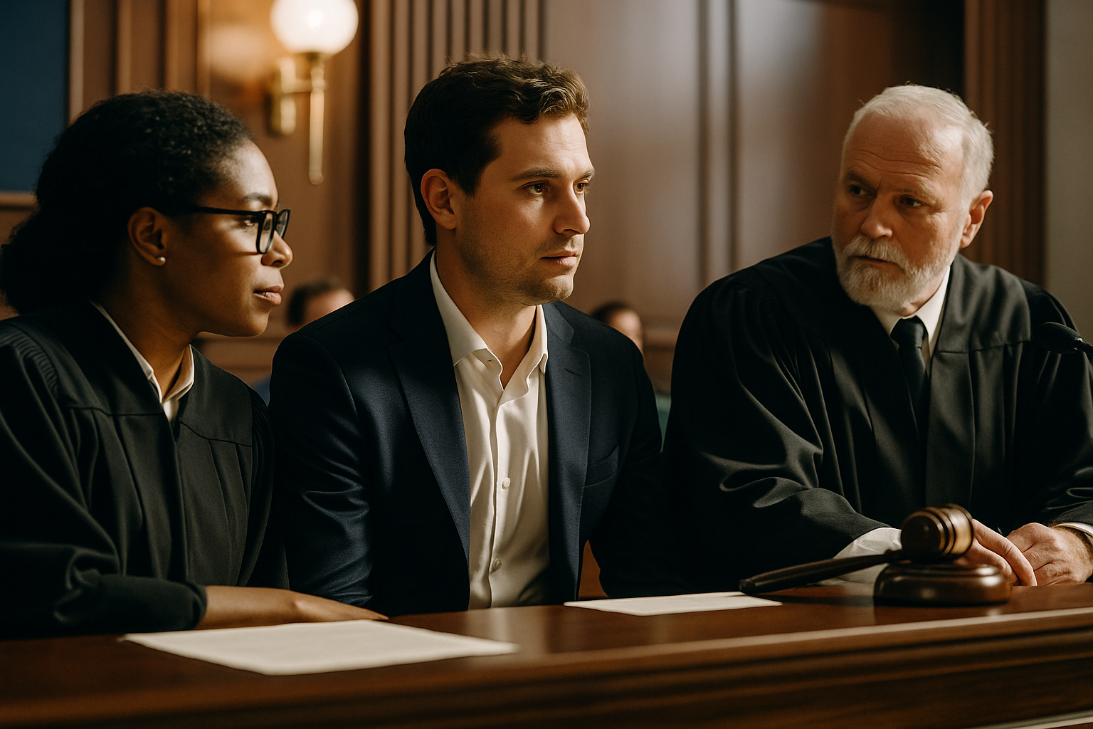 homme dans une cours de justice avec des avocats à côté de lui