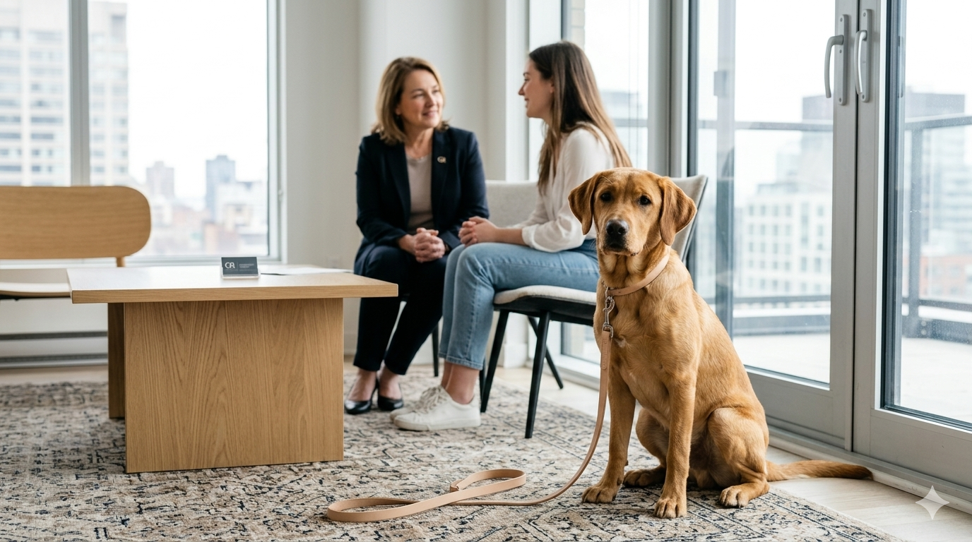 Un chien golden retriever en laisse dans un bureau d'avocats lors d'une consultation juridique sur la responsabilité du fait des animaux.