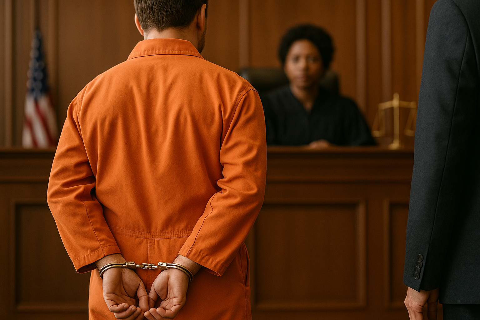 homme avec les mains dans des menottes devant une juge dans une cours de justice