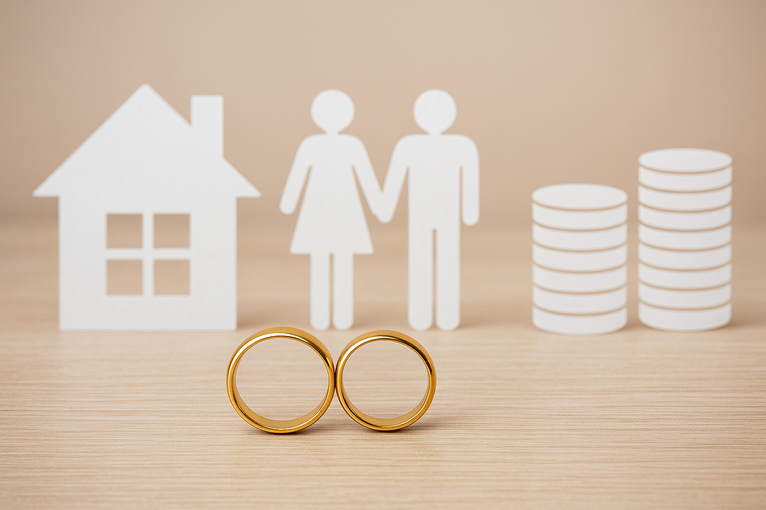 deux anneaux/bagues de mariage, papiers sur un bureau, régimes matrimoniaux
