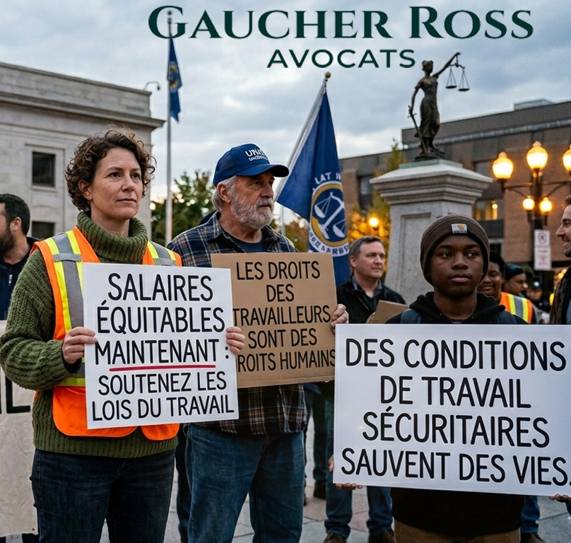 Manifestation pour le droit du travail à Québec avec le logo officiel du cabinet Gaucher Ross Avocats spécialiste en litige professionnel.
